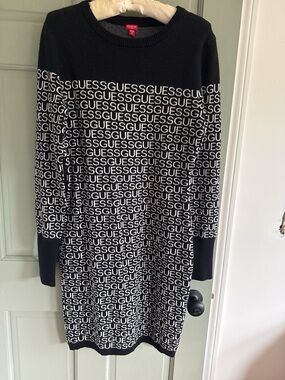 Guess Black and White Logo Knit Long Sleeve Dress